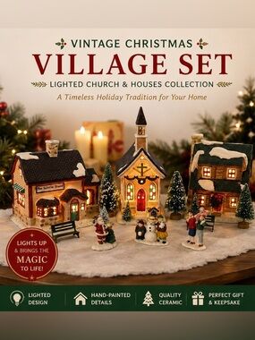 Vintage Christmas Village Lighted Church House Set Holiday Decor Collection
